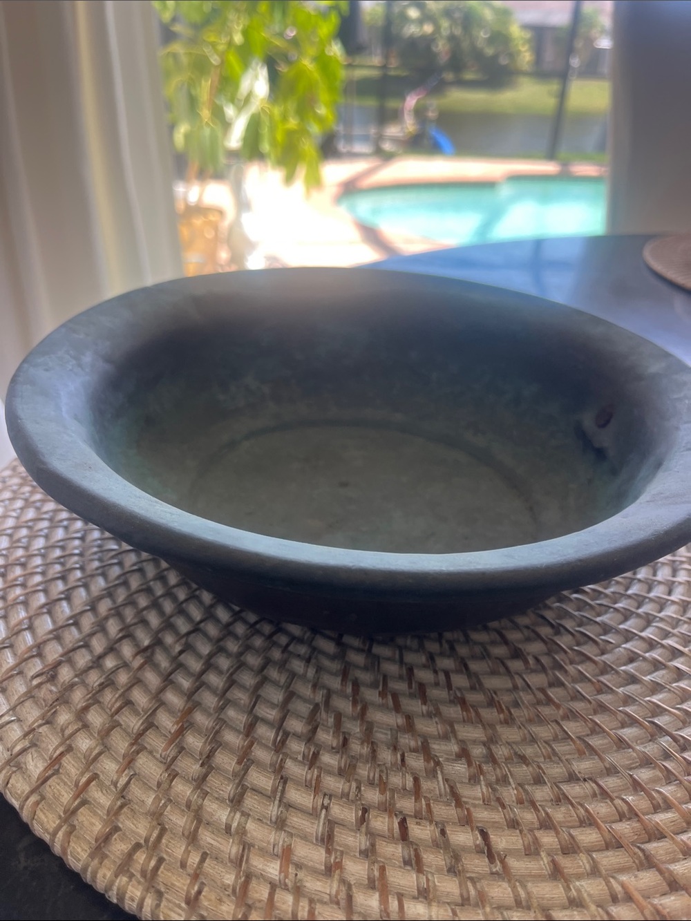 Vintage 10 inch round hand, hammered copper bowl 19th century, dark patina